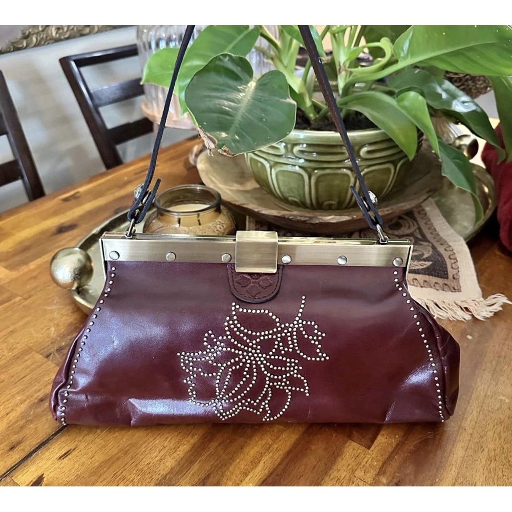 Patricia Nash Italian Leather Clutch‎ Handbag Burgundy Studded Floral Purse